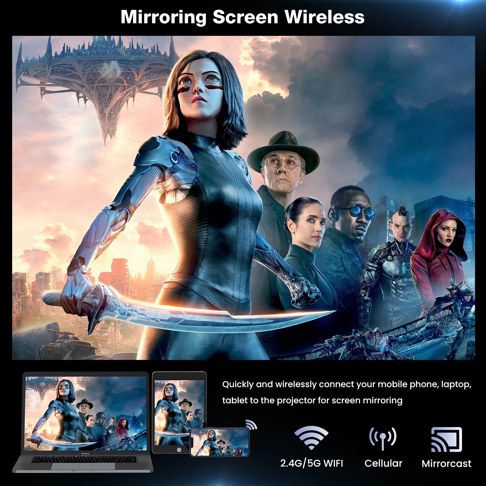 Mini Projector with Wifi and Bluetooth, Native 1080P Portable Projector 4K Supported, 15000 Lumens Movie Projector with Speaker, 50% Zoom, Keystone, Outdoor Projector for Home Theater, Camping