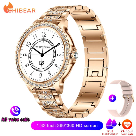 2026 New Fashion Women Diamond Watch 1.32 Inch 360*360 HD Display Heart Rate Blood Oxygen Monitoring Bluetooth Call Smartwatch