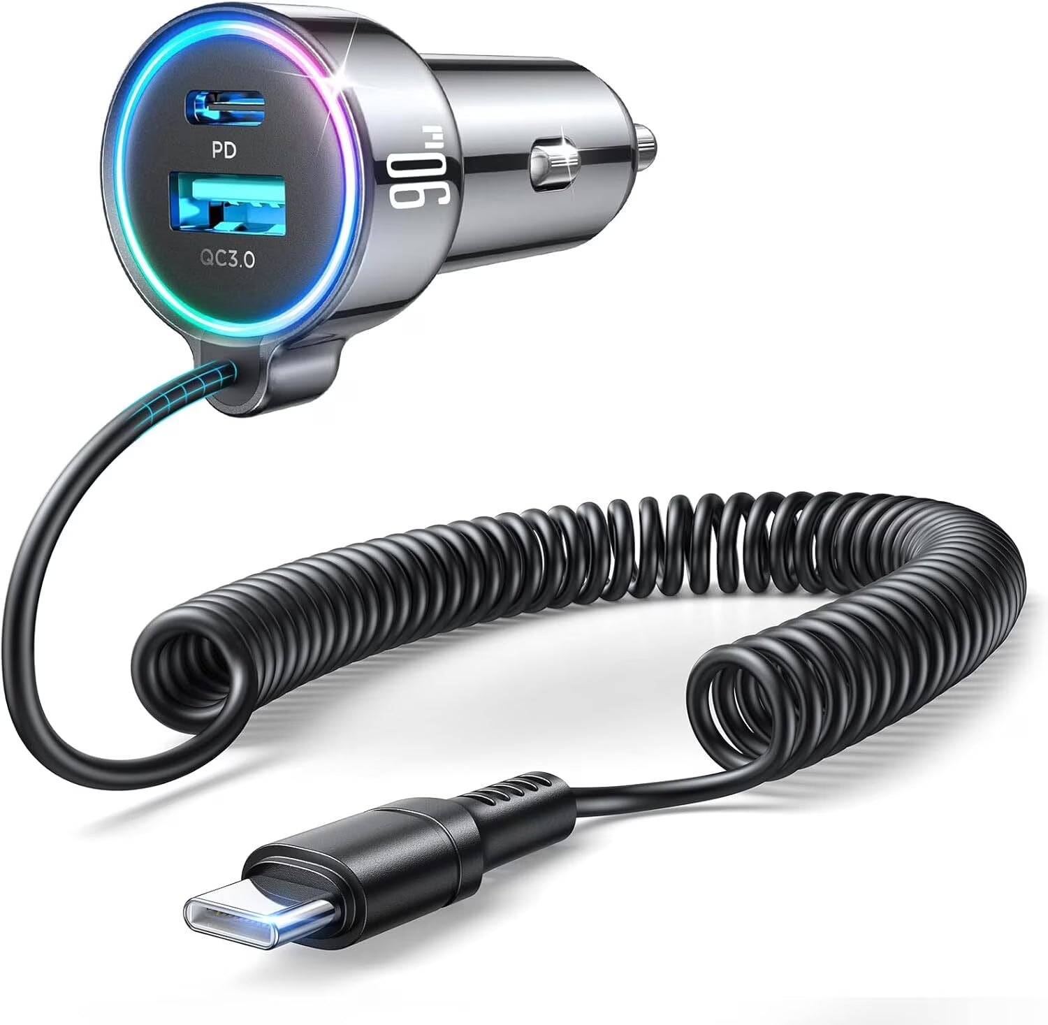 USB C Car Charger, 90W Fast Charging Dual Port PD & QC 3.0 Car Phone Charger Adapter with 5Ft Built-In Type C Cable for Iphone, Samsung, Android Phones, Tablets