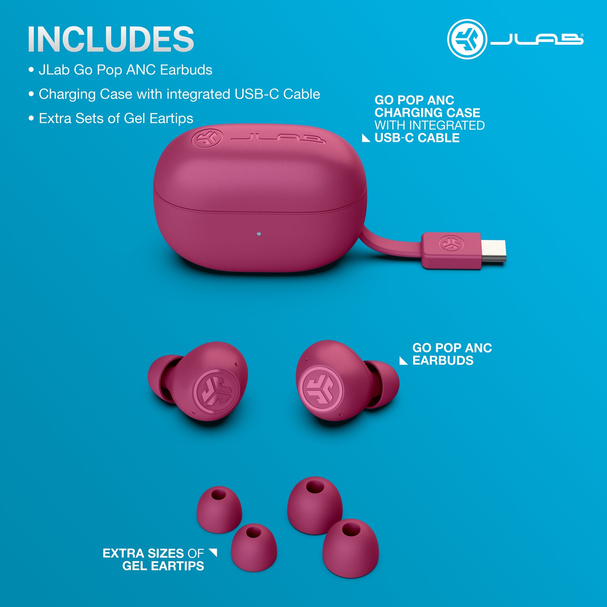 GO Pop ANC Bluetooth Earbuds, Charging Case, Fuchsia