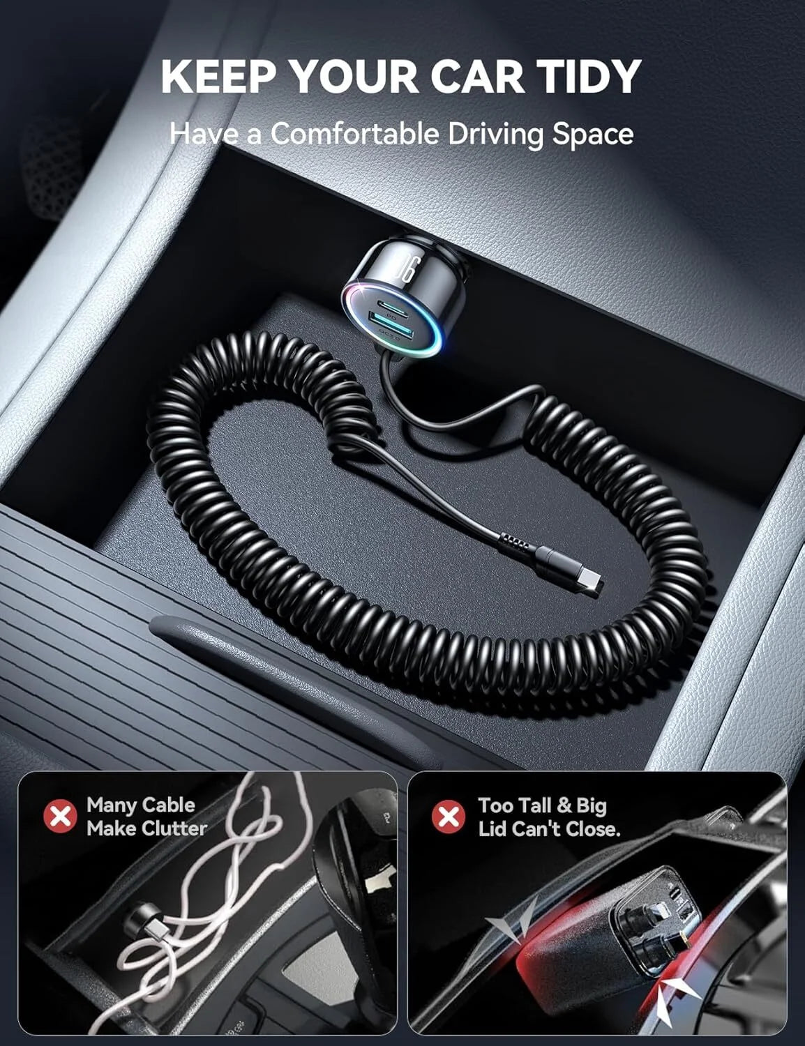 USB C Car Charger, 90W Fast Charging Dual Port PD & QC 3.0 Car Phone Charger Adapter with 5Ft Built-In Type C Cable for Iphone, Samsung, Android Phones, Tablets
