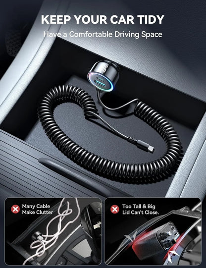 USB C Car Charger, 90W Fast Charging Dual Port PD & QC 3.0 Car Phone Charger Adapter with 5Ft Built-In Type C Cable for Iphone, Samsung, Android Phones, Tablets