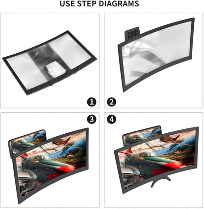12'' 3D Curved Screen Magnifier for Mobile Phone, HD Magnifier Projector Screen Enlarger for Videos, Movies, Games, Foldable Phone Stand with Screen Amplifier, Compatible with All Smartphones