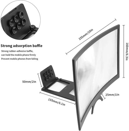 12'' 3D Curved Screen Magnifier for Mobile Phone, HD Magnifier Projector Screen Enlarger for Videos, Movies, Games, Foldable Phone Stand with Screen Amplifier, Compatible with All Smartphones