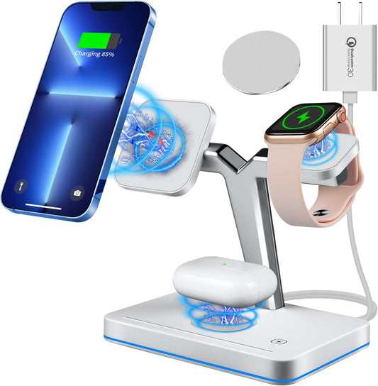 Magnetic Wireless Charger for Apple Magsafe, 15W 3 in 1 Qi Fast Wireless Charging Station Stand for Iphone 14/13/12/ Pro/Pro Max/Mini, Apple Watch 7/SE/6/5/4/3/2, Airpods 3/2/Pro (Adapter Included)