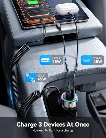 USB C Car Charger, 90W Fast Charging Dual Port PD & QC 3.0 Car Phone Charger Adapter with 5Ft Built-In Type C Cable for Iphone, Samsung, Android Phones, Tablets
