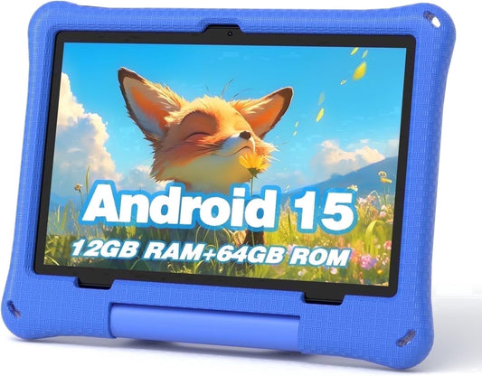 10.1-Inch Kids Tablet, Android 15, Abcmouse Authorized Learning App, 12GB+64GB, Google Kids Space, Parental Controls, 8-Hour Battery, Blue