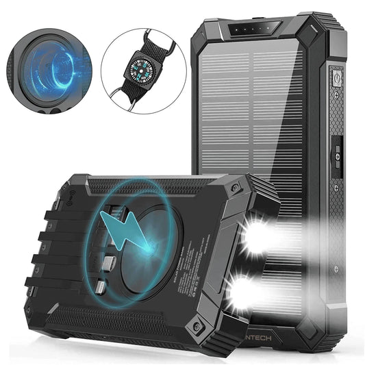 30000Mah Solar Power Bank Portable Charger with 4 Cables & 3 USB Ports, Wireless Charger with LED Light, Compatible with Iphone, Android, for Camping, Hiking, Black