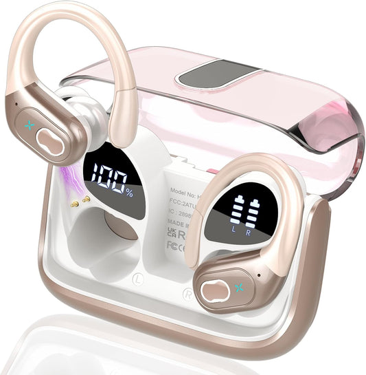 Wireless Earbuds 75H Bluetooth 5.4 Sport Headphones with Earhooks | IPX7 Waterproof In-Ear Buds Feature ENC Noise Cancelling Mic. Stereo Sound Device for Gym Running Workout, Rose Gold