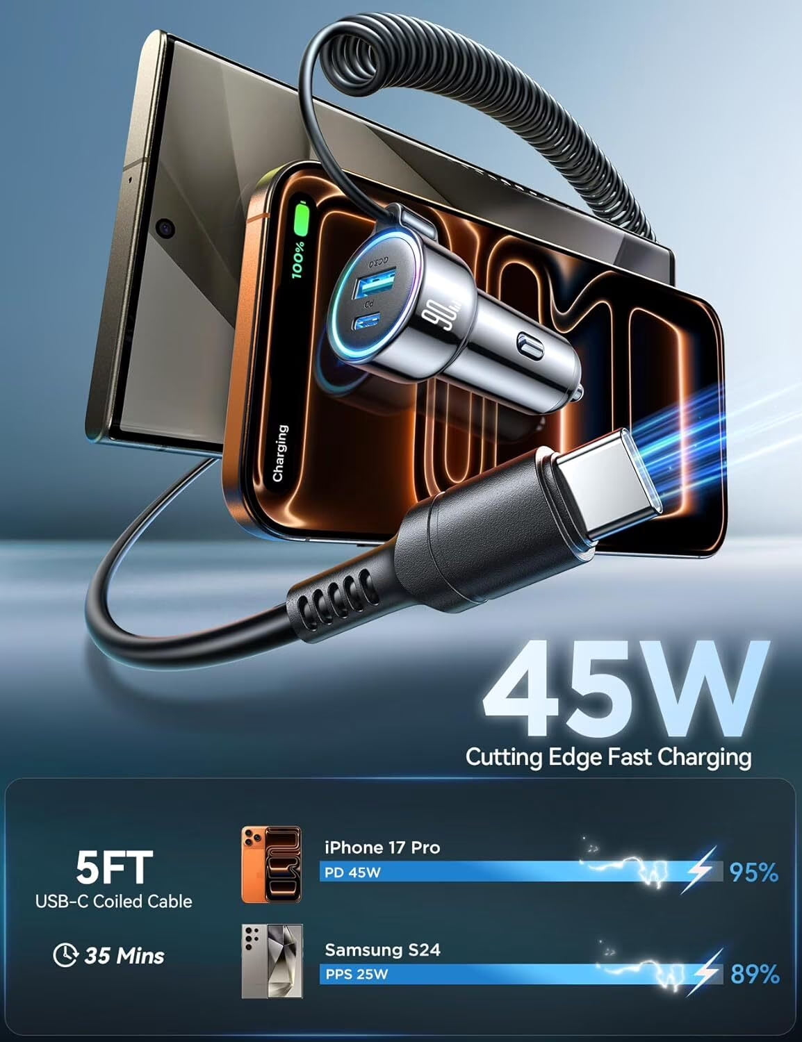 USB C Car Charger, 90W Fast Charging Dual Port PD & QC 3.0 Car Phone Charger Adapter with 5Ft Built-In Type C Cable for Iphone, Samsung, Android Phones, Tablets
