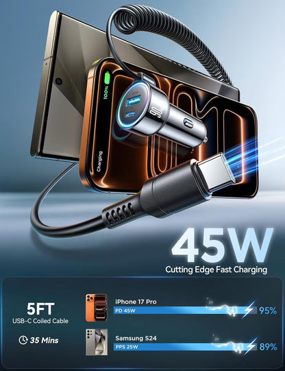 USB C Car Charger, 90W Fast Charging Dual Port PD & QC 3.0 Car Phone Charger Adapter with 5Ft Built-In Type C Cable for Iphone, Samsung, Android Phones, Tablets