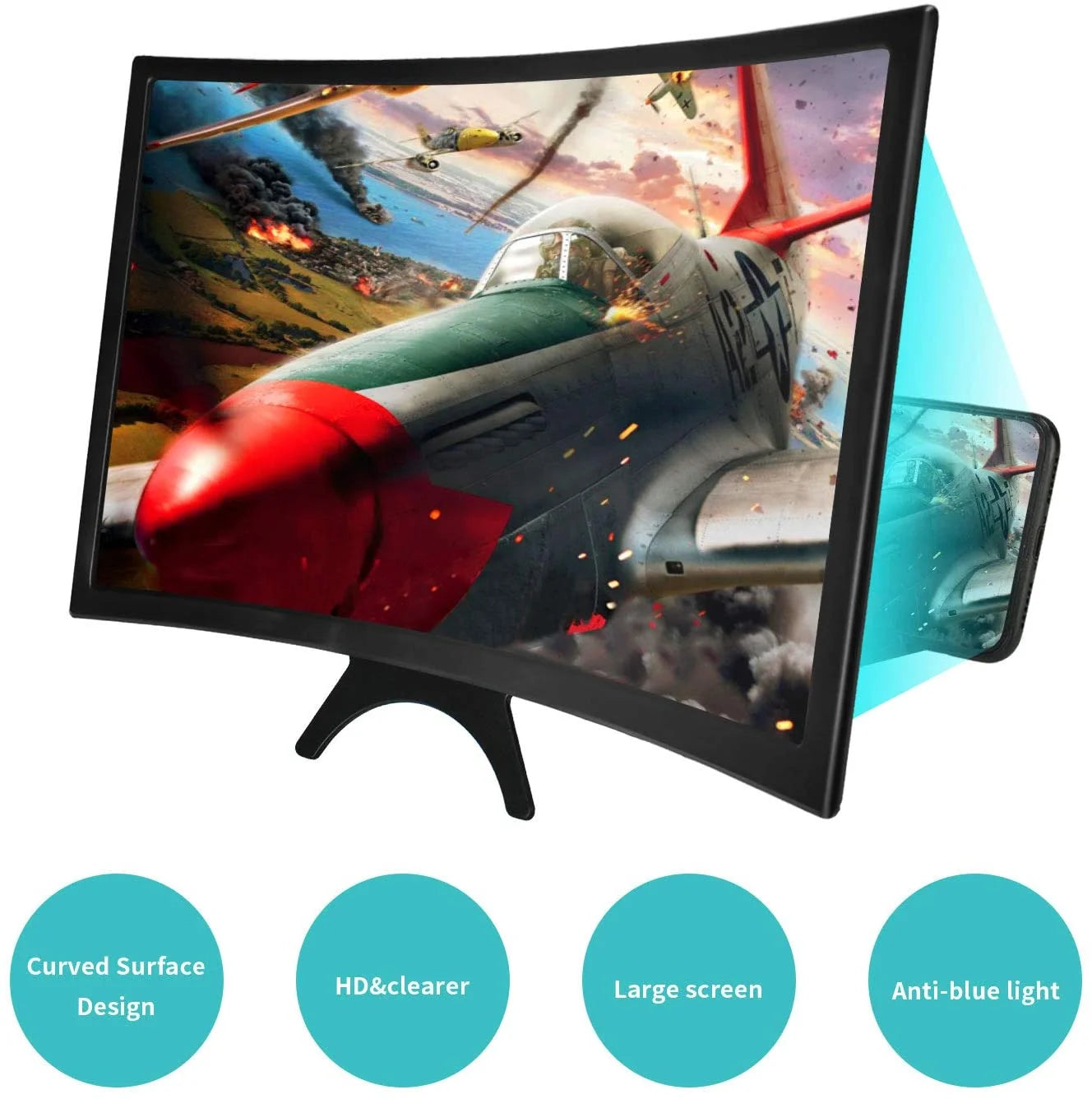 12'' 3D Curved Screen Magnifier for Mobile Phone, HD Magnifier Projector Screen Enlarger for Videos, Movies, Games, Foldable Phone Stand with Screen Amplifier, Compatible with All Smartphones