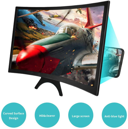 12'' 3D Curved Screen Magnifier for Mobile Phone, HD Magnifier Projector Screen Enlarger for Videos, Movies, Games, Foldable Phone Stand with Screen Amplifier, Compatible with All Smartphones